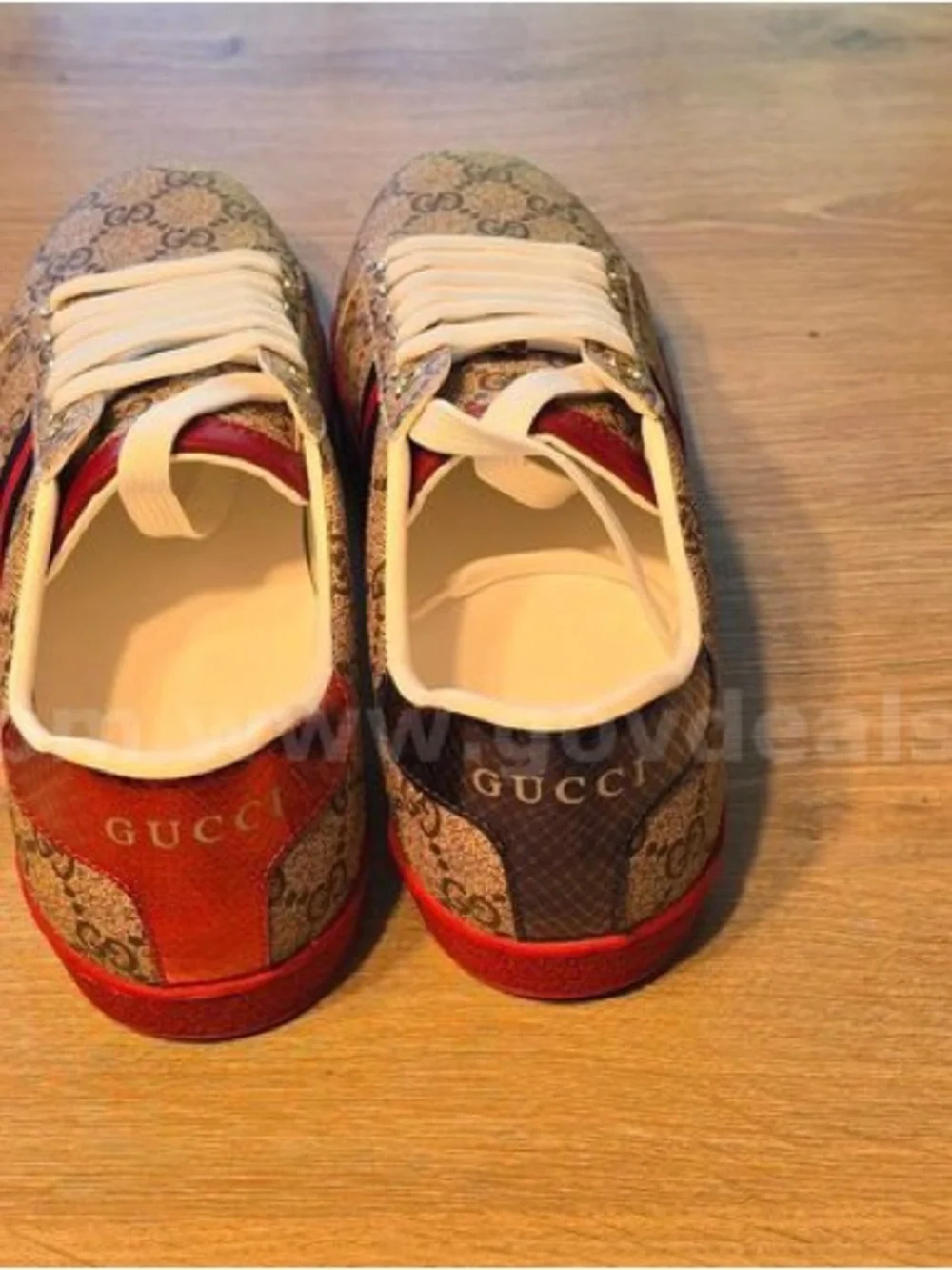 Gucci Beige Monogram Sneakers with Red & Black Stripe